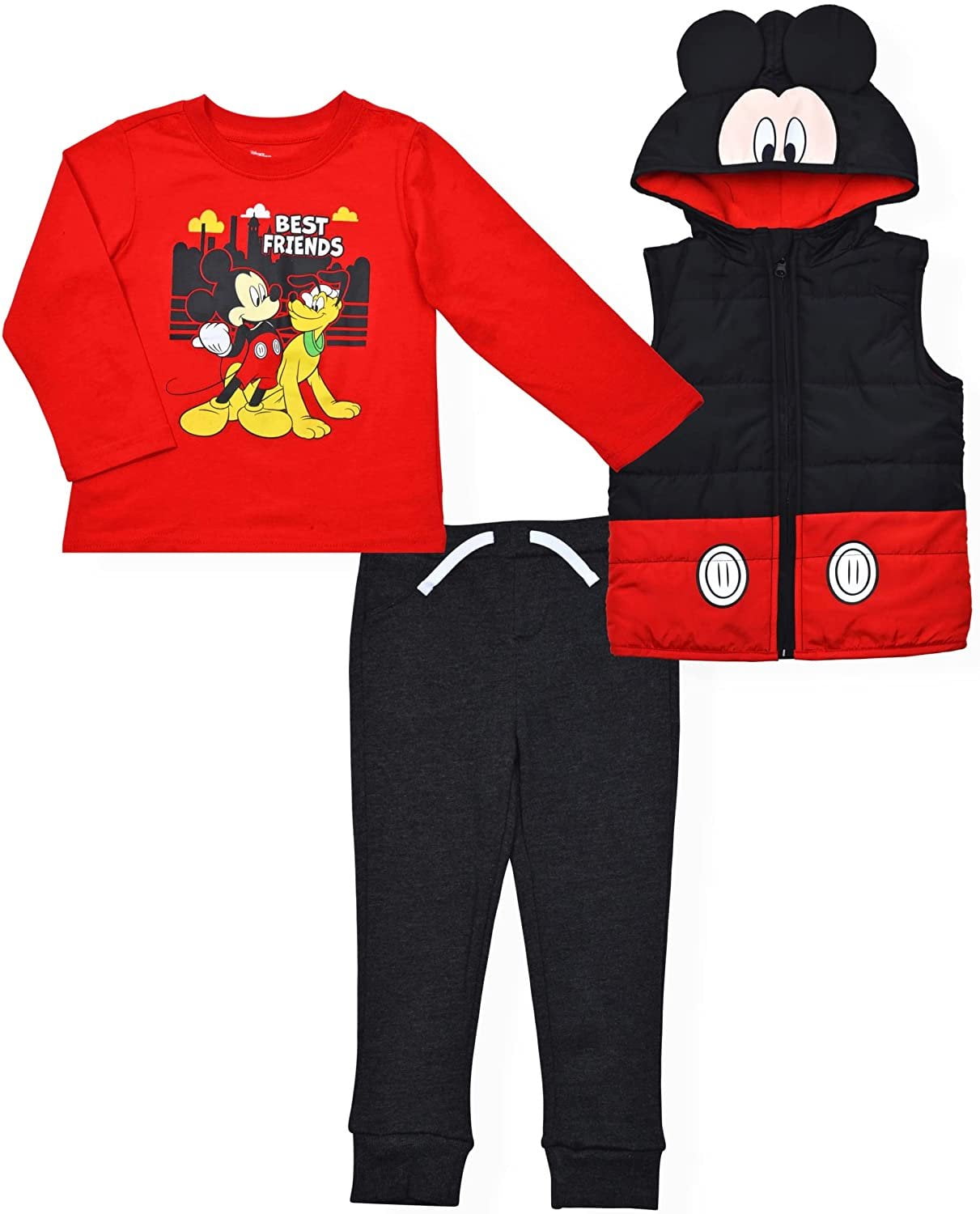 Disney Mickey Mouse Jogger Set for Boys, Hooded Vest, Long Sleeve Tee and Jog Pants for Kids