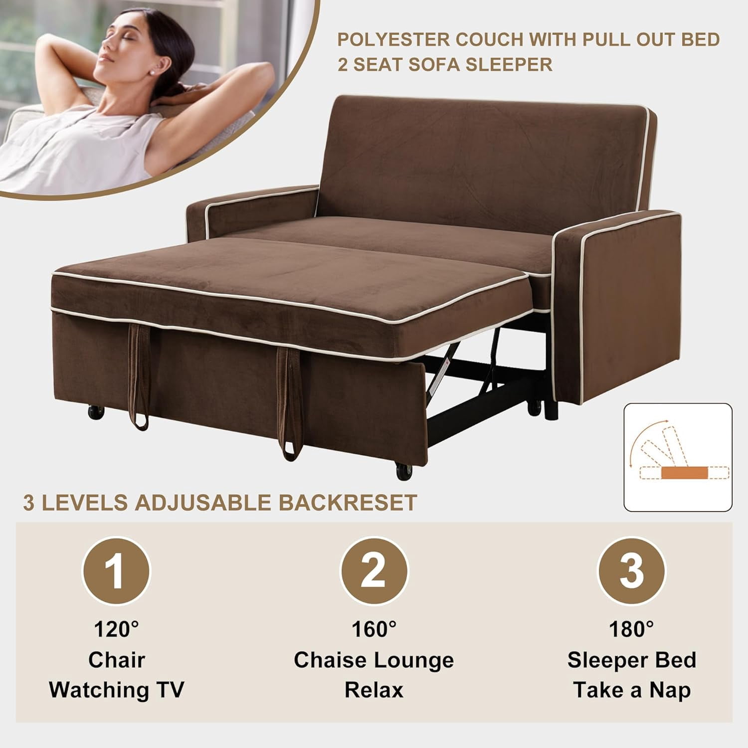 Convertible 3 in 1 Pull Out Sofa Bed Futon Sleeper Sofa Couch Velvet Small Loveseat, Reclining Backrest for Living Room, Brown
