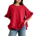 thumbnail image 1 of Blouse à Col à Volants pour Femmes - Chemise Boutonnée à Manches Courtes d'Été, Coupe Ample Décontractée Col Rond avec Détails Féminins (Rouge 1 / S), 1 of 7