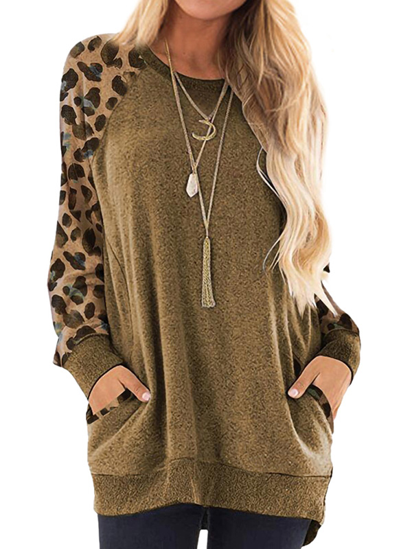 Download Nlife - Women Leopard Colorblock Crew Neck Pocket ...