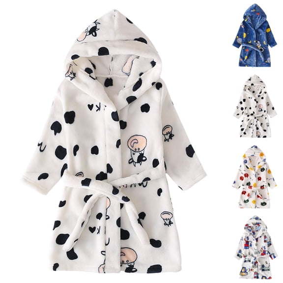 UJNDER Kids Long Sleeve Cartoon Printed Hooded Flannel Bathrobe with Pockets Cozy Pajamas Kids Robe,01_Beige,5-6 Years