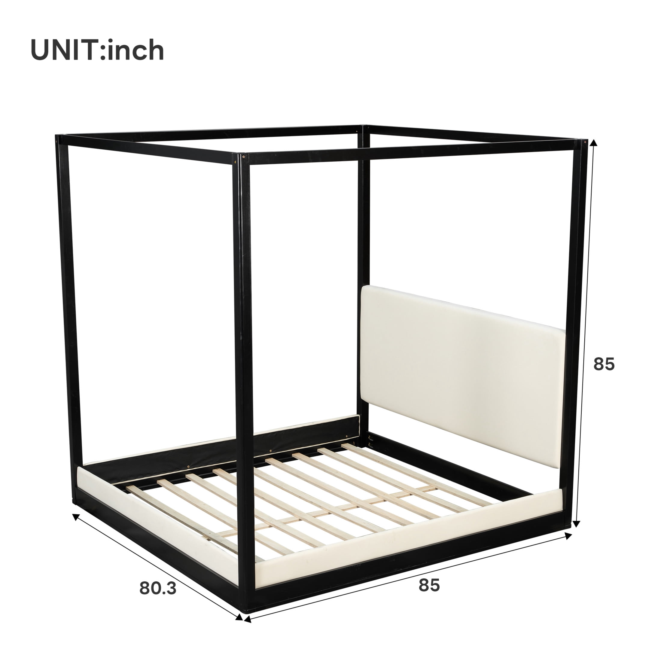 Christopher Knight Home King Canopy Platform Bed, Wood Frame with White Upholstered Headboard, Black