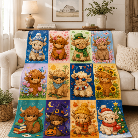 Cute Highland Cow Patchwork Blanket Throw, Colorful Year-Round Farm Animal Panels with Flowers, Snow, Sunflowers and Festive Themes for Couch Sofa Bed, 30 x 40 in