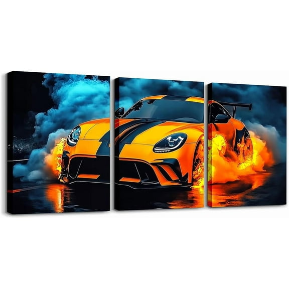 Modern Race Car Wall Art Lightning Wolf Animal Canvas Wall Art Set of 3 for Kids Boys Teen Watercolor 3D Cool Racing Car Poster Prints Rainbow Extreme Sports Decor,12x16
