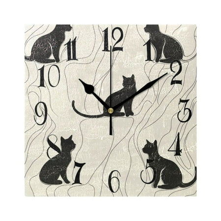 Black Cats Lines Wall Clock Decorative Square Silent Non-Ticking Operated Clocks Aesthetic for Bedroom Living Room