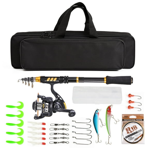 Telescopic Fishing Rod and Reel Combo Full Kit Fishing Reel Gear Organizer Pole Set with 100M Fishing Line Lures Hooks Jig Head and Fishing Carrier Bag Case Fishing Accessories