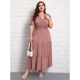 thumbnail image 5 of Plus Size Pink V-Neck Short Sleeve Ruched Hem Maxi Dress With Lace Insert Casual Boho Sundress, 5 of 5