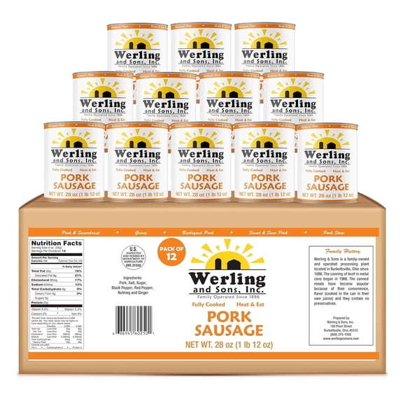 (Pack of 12) Werling & Sons Canned Heat & Eat Pork Sausage 28 Oz Fully Cooked Ready to Eat Canned Meat Long Shelf Life Great for Emergency Food Storage, Camping, Quick & Easy Meals Canned Food