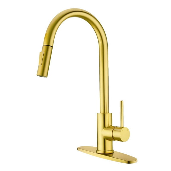 Brushed Gold Kitchen Faucet, Single Handle, 2 Water Mode 360 Degree Swivel Pre-Rinse Pull Out Kitchen Sink Faucet with Deck Plate