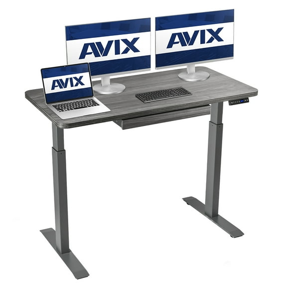 AVIX Dual Motor Electric Standing Desk with Drawer, 48 x 24 Whole Piece Sit-Stand Desk with USB Charging Port, 4 Memory Height Adjustments | Workstation Series Grey
