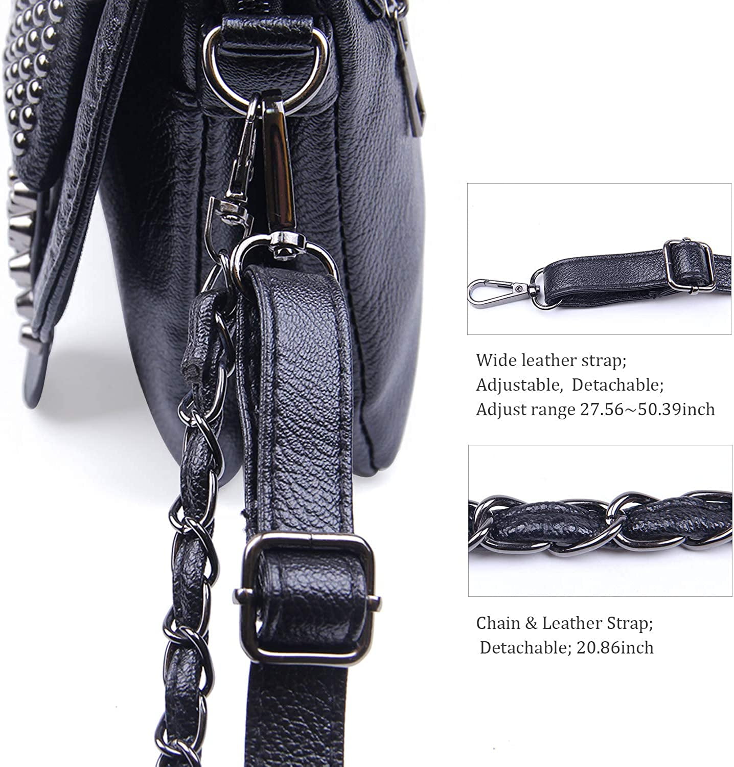 Womens Punk Skull Rivet Shoulder Bag PU Leather Goth Crossbody Bag with Chain Wallet Purse for Teen