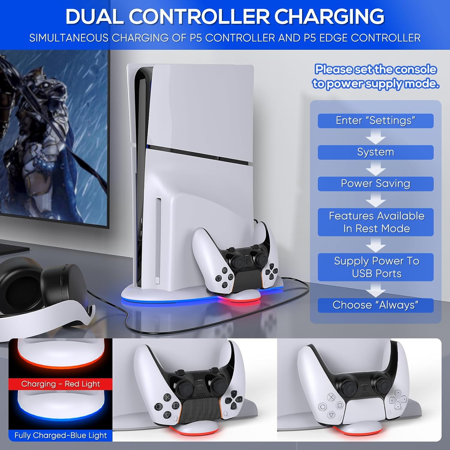 Charging Stand with Cooling Fan for PS5 Slim Console, Dual Controller Charger Station with 9 RGB Light for DualSense/Edge, Quiet Cooling System Accessories for Playstation5 Slim Digital/Disc thumbnail 8