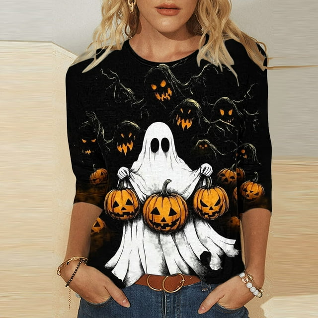VKOYWKM Chandail d'Halloween pour Femmes Manches 3/4 Hauts pour Femmes T-Shirts Graphiques Citrouille et Fantôme d'Halloween Blouse de Fête d'Halloween Col Rond T-Shirts Amples et Effrayants