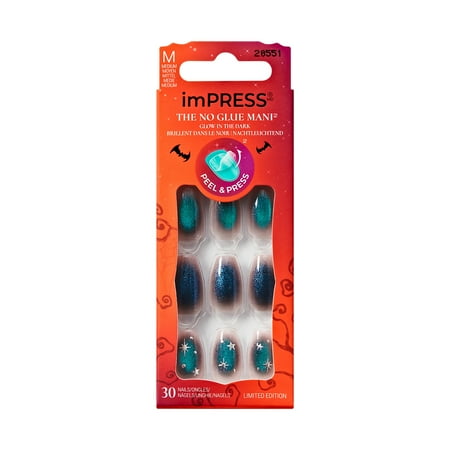 KISS imPRESS Halloween Press On Nails, ‘Superstitious’, Green, Medium Coffin, 30 Count