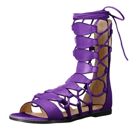 YDN Women Fashion Ankle High Gladiator Sandals Lace Up Round Open Toe Flats Zips Summer Casual Walking Shoes Size 4 Purple