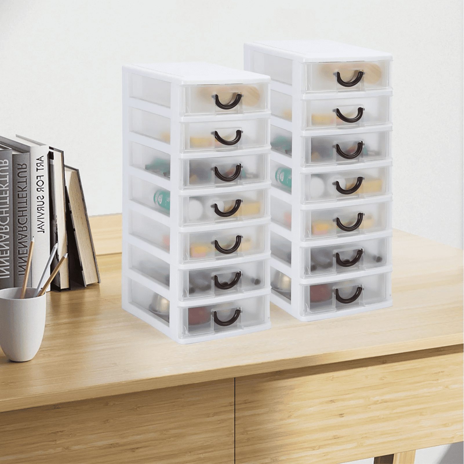 (5"x7"x13")Small Plastic 7 Drawer Desktop Storage System, Mini Organizer Box, Storage Container, Clear(2 pack)