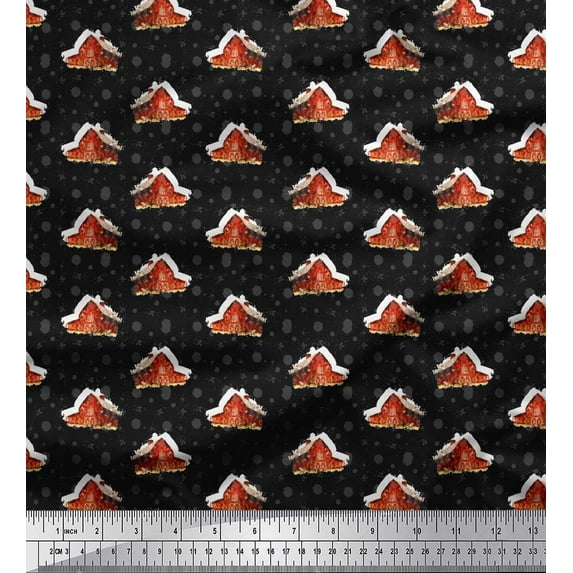 Soimoi Black Cotton Voile Fabric Hut Architectural Print Fabric by Yard 58 Inch Wide