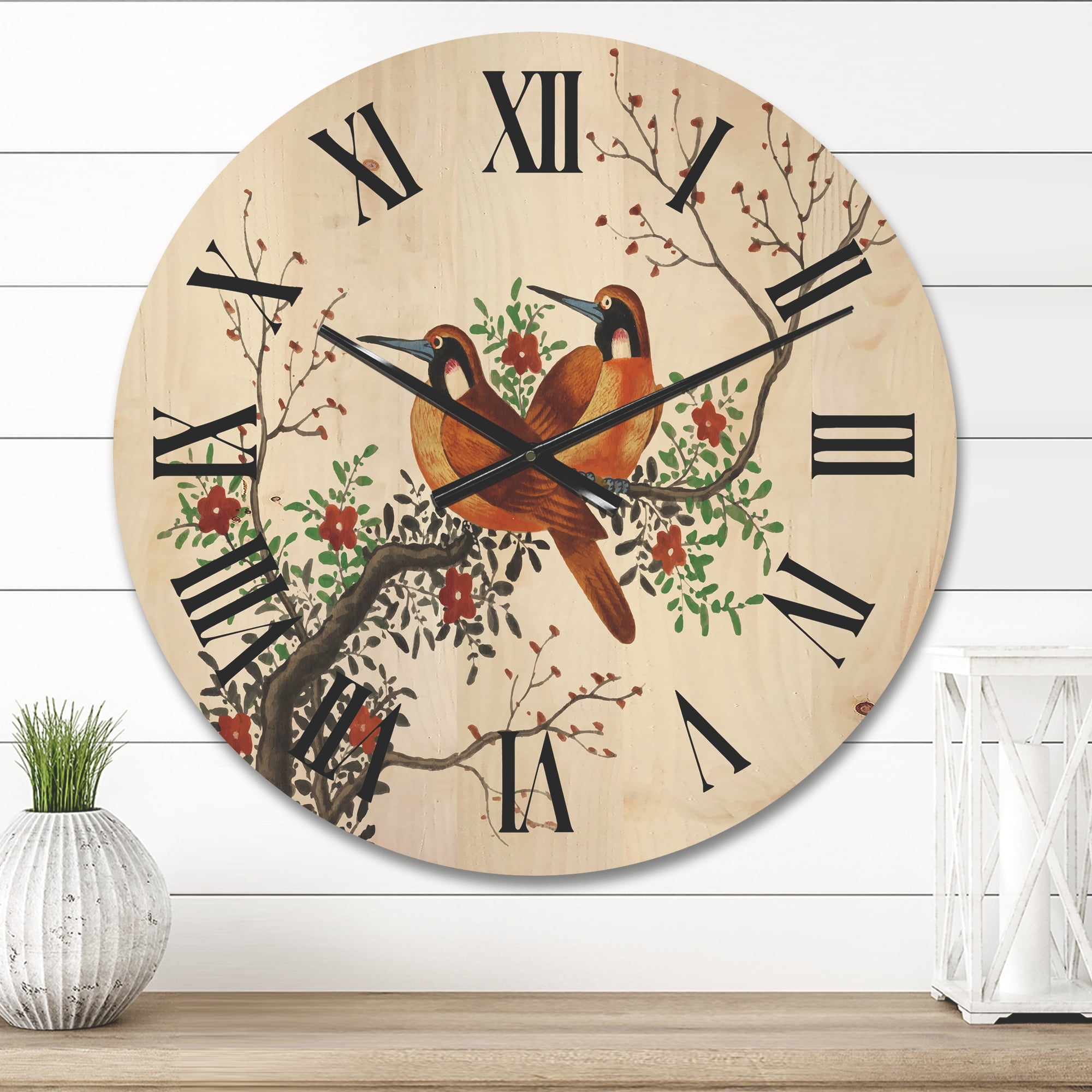Designart 'A Flowering Tree Branch With Two Chinese Birds' Traditional Wood Wall Clock