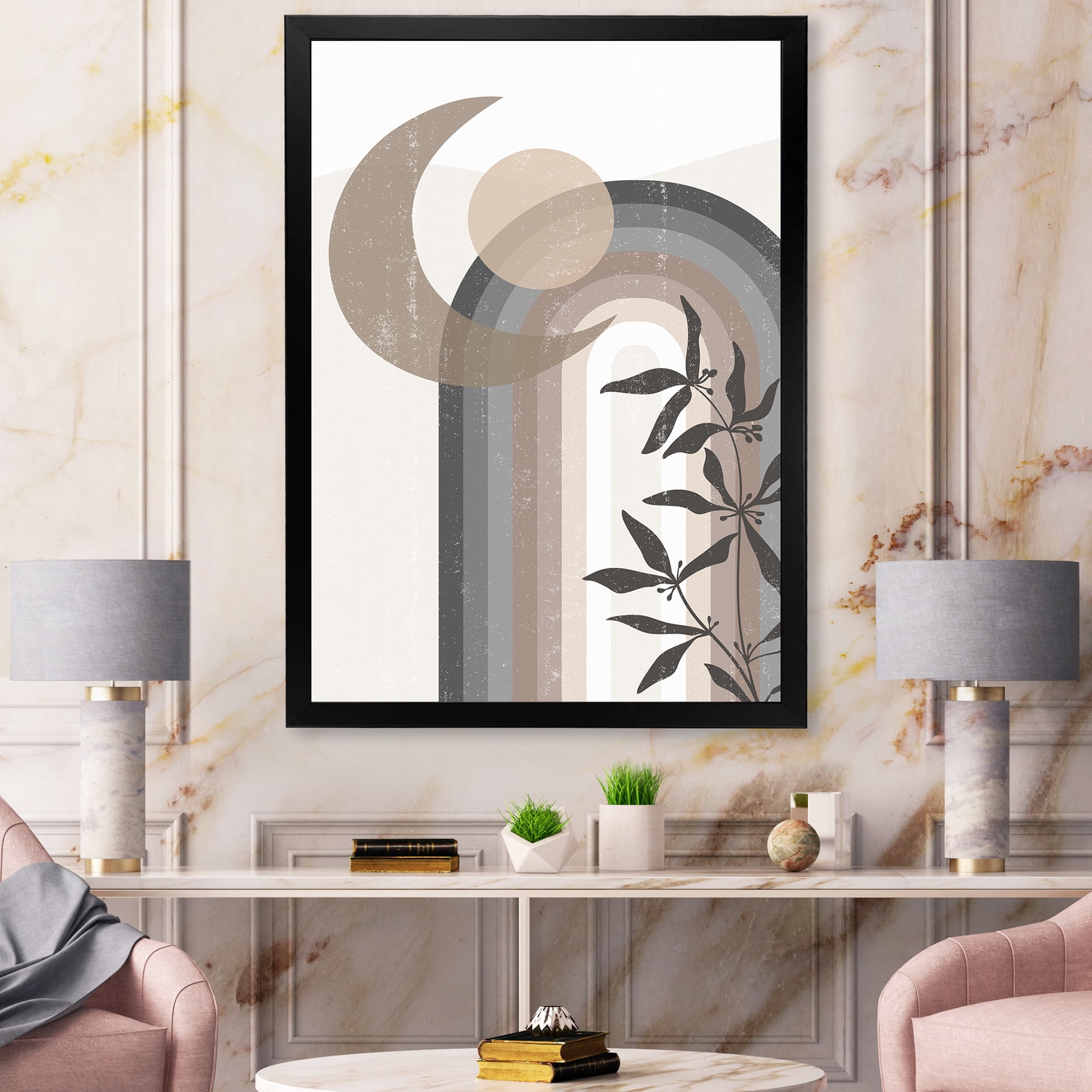 Designart 'Abstract Moon and Sun In Gray and Blue' Modern Framed Art Print