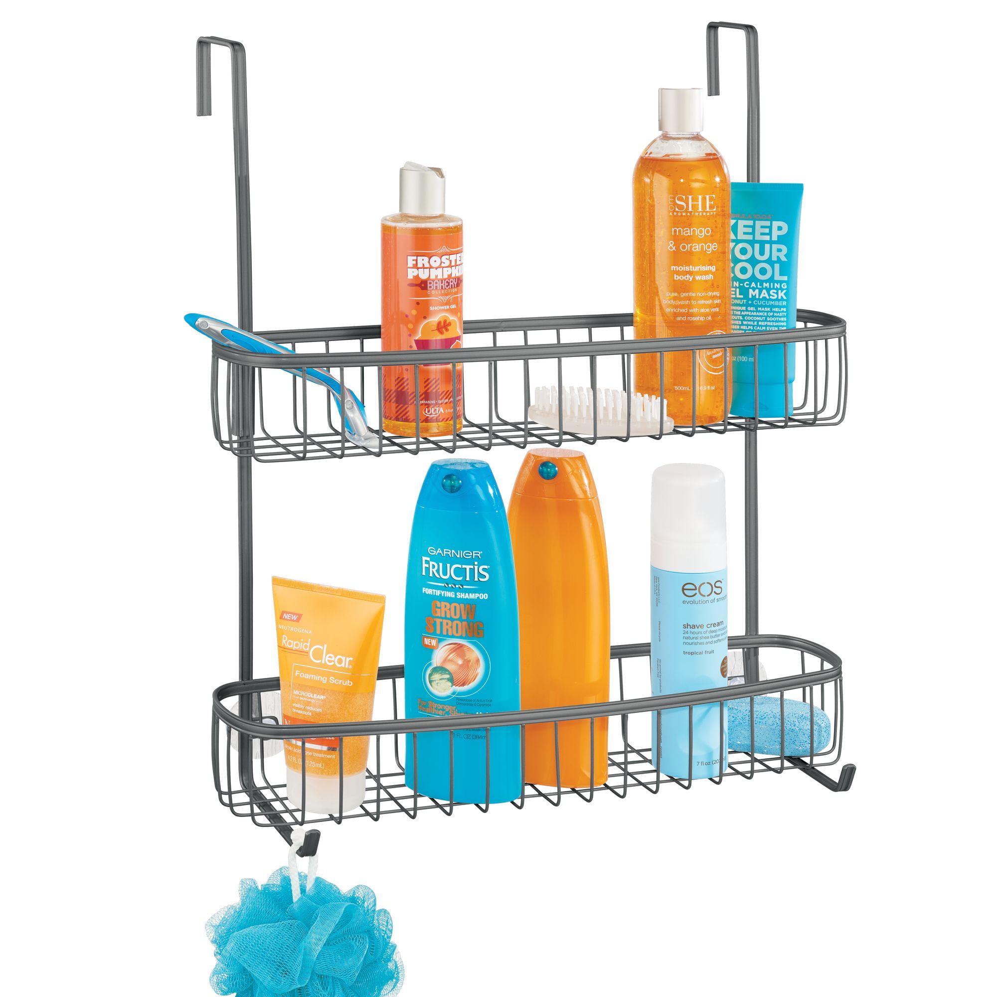 mDesign Extra Wide Metal Over the Bathroom Shower Door Caddy, 2 Baskets