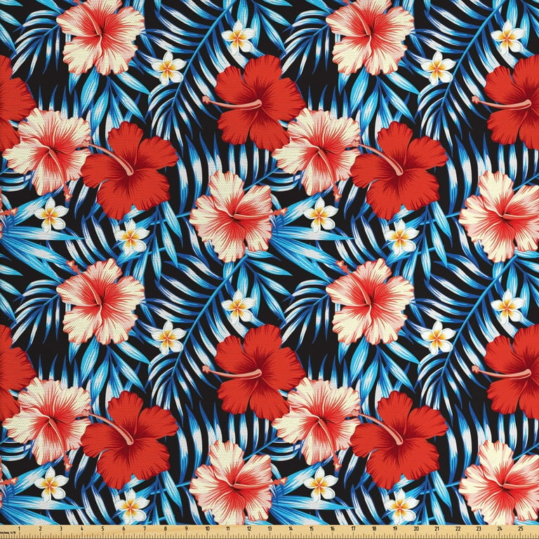 Tropical Fabric by the Yard, Aloha Themed Exotic Scene of Hawaiian Summer  Leaves and Flowers, Decorative Upholstery Fabric for Chairs & Home Accents