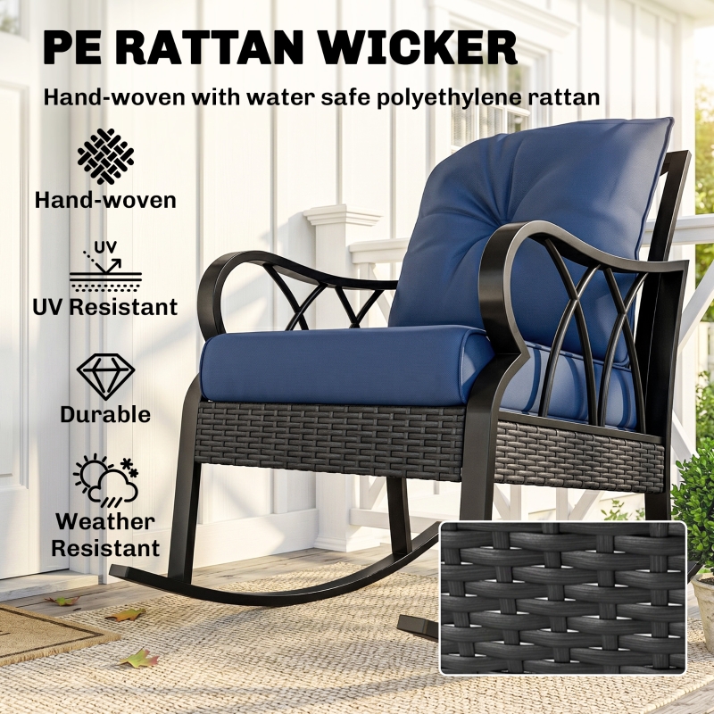 HOQBN 2-Piece Outdoor Wicker Rocking Chairs, Rattan Porch Rockers with Cushions, Aluminum Frame for Garden, Patio, Blue