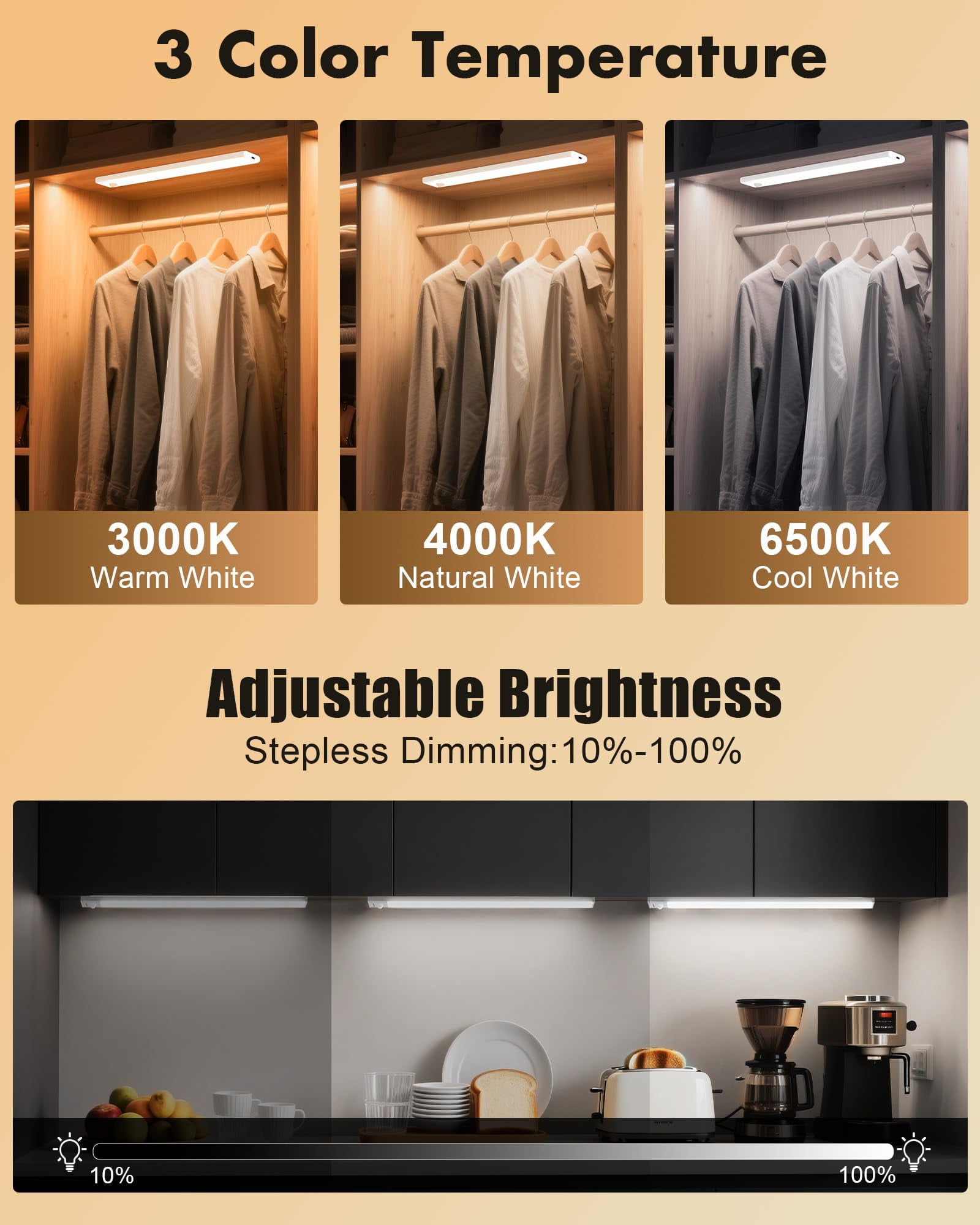 maylit 6 Pack Under Cabinet Lighting, 3 Color Temps Motion Sensor Light Indoor, Rechargeable Battery Operated Lights, Wireless Magnetic Light Bar for Kitchen Counter Closet Stair Shelf Display