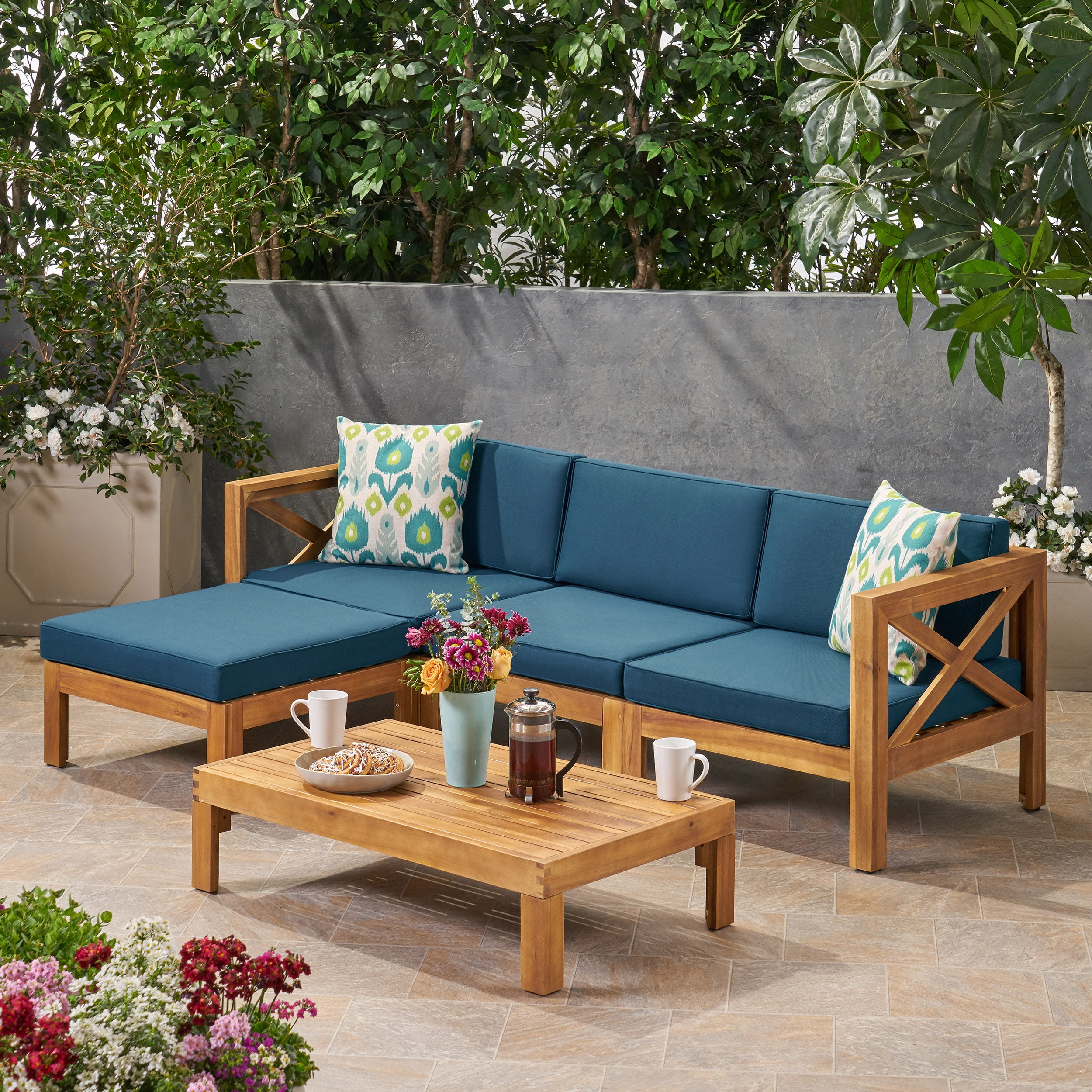 Mamie Outdoor Acacia Wood 5 Piece 3-Seater Sectional Sofa Set, Teak and Dark Teal