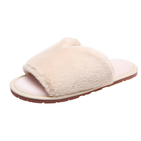 

Chiccall Fuzzy Faux Fur Memory Foam Cozy Flat Spa Slide Slippers Comfy Open Toe Slip On House Shoes Sandals Indoor Outdoor House Slippers for Women and Girls on Clearance