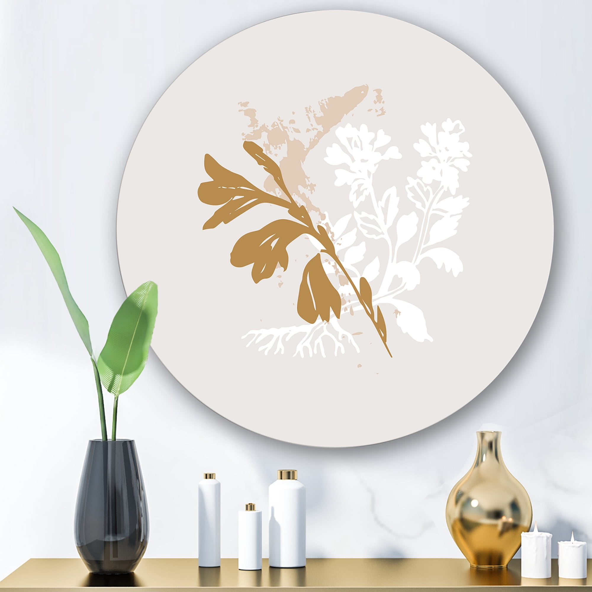 Designart 'Minimal Botanical Design In White and Brown' Traditional Circle Metal Wall Art 23x23 - Disc of 23