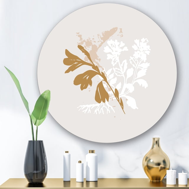 Designart - Design Botanique Minimaliste en Brun et Blanc - Art Mural Rond Traditionnel en Métal