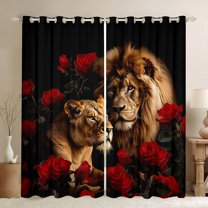 Feelyou Couple Lion Curtains Pack of 2 (42x84 Each), Romantic Wildlife Curtains Blackout, Valentines Day Red Rose Bedroom Curtains, Blackout Curtains Room Decor
