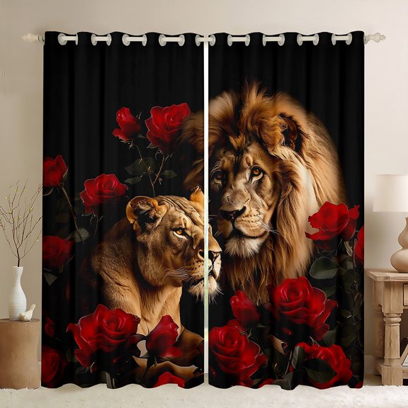 Feelyou Couple Lion Curtains Pack of 2 (42x84 Each), Romantic Wildlife Curtains Blackout, Valentines Day Red Rose Bedroom Curtains, Blackout Curtains Room Decor
