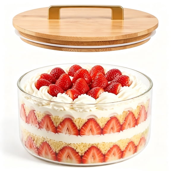 Naeqieo 196oz Trifle Glass Bowl, Round Crystal Clear Glass Bowl with Airtight Bamboo Lid, Serving Bowl for Salad, Cake, Fruit, Dessert & Party
