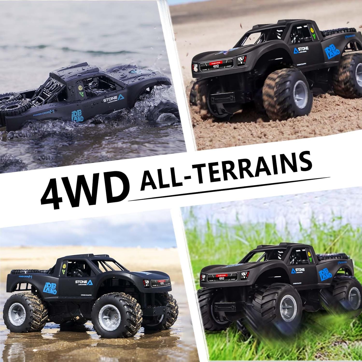 1:16 Amphibious Remote Control Car, RC Monster Truck for Kids, All Terrain 4WD RC Toy with 2 Batteries, 7.4V High Power, Durable Truck for Boys-Blue