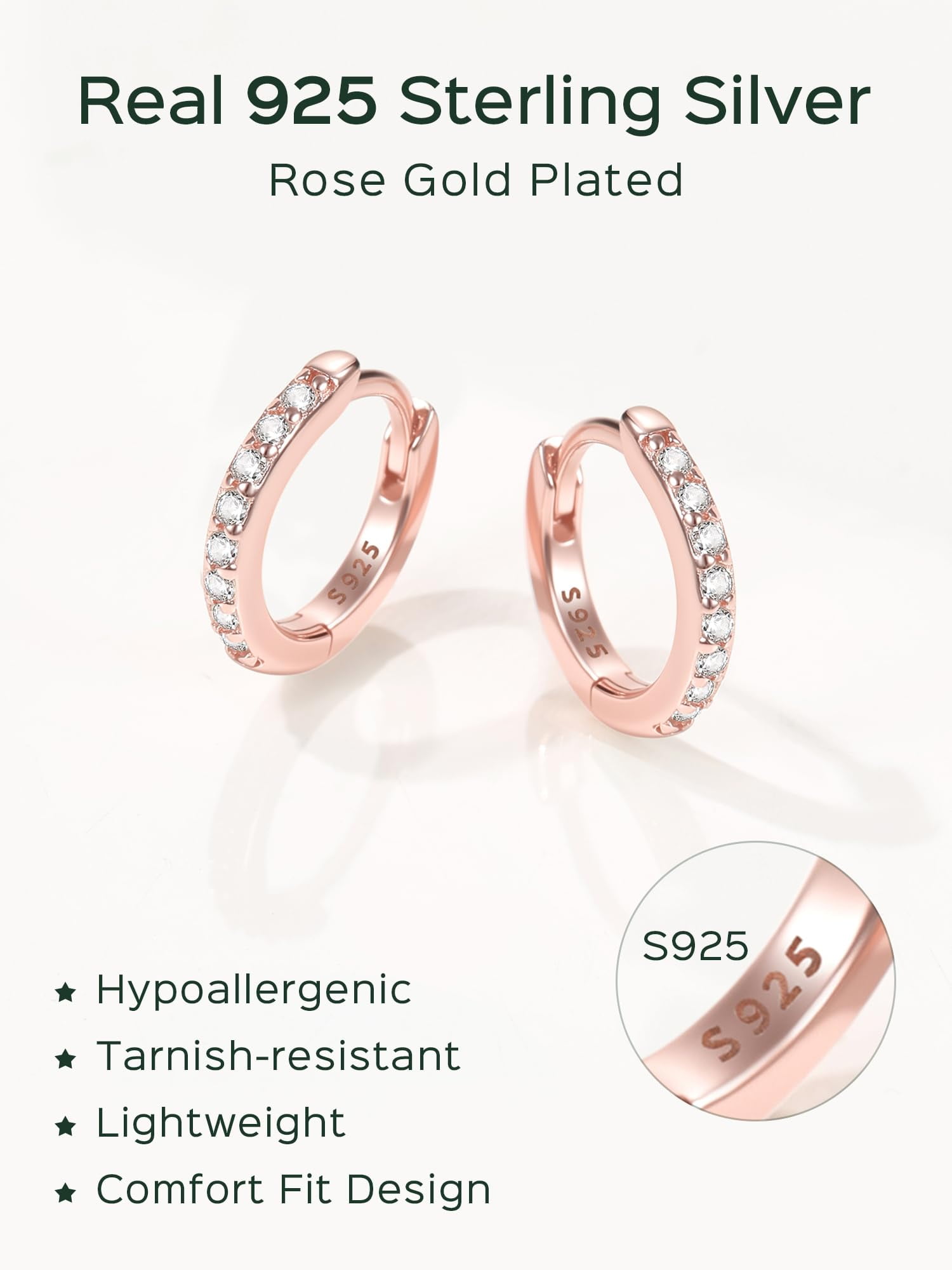 ChicSilver 14K Rose Gold Plated Earrings for Women 8MM Hoop Earrings Hypoallergenic Small Huggies Earring Cubic Zirconia Hoop Earrings for Mother