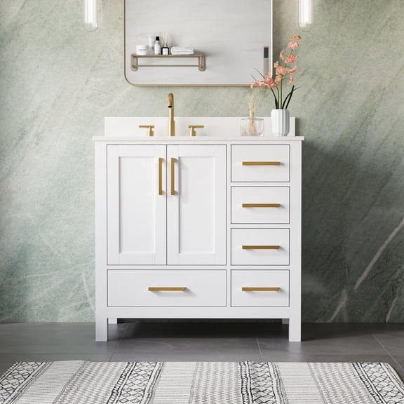 ANGELES HOME 36" Bathroom Vanity with Sink, Bathroom Freestanding Vanity W/ 2 Soft-Close Doors and 5 Soft-Close Drawers, Solid Wood Cabinet Vanity with Cultured Marble Countertop, White