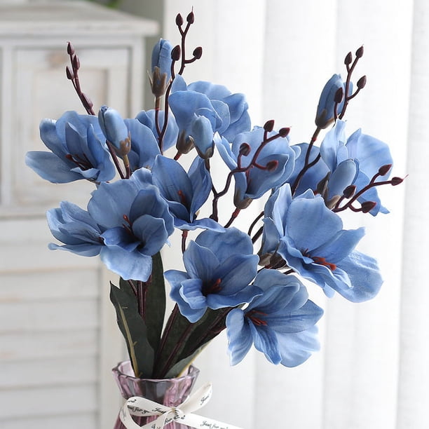Xiao Hua magnolias artificiales de 43 cm, flores rosas de imitación de eucalipto para ramo de boda, decoración primaveral (azul)