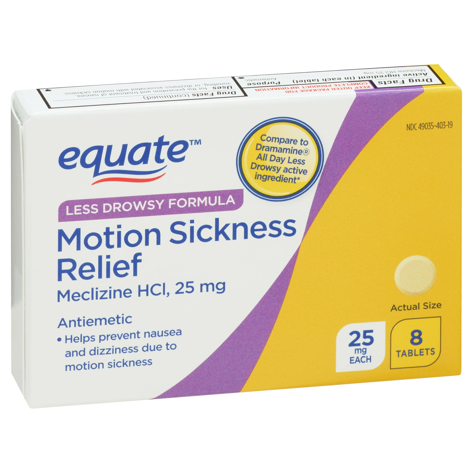 Equate Less Drowsy Meclizine HCI Motion Sickness and Nausea Relief Tablets, 25mg, 8 Count