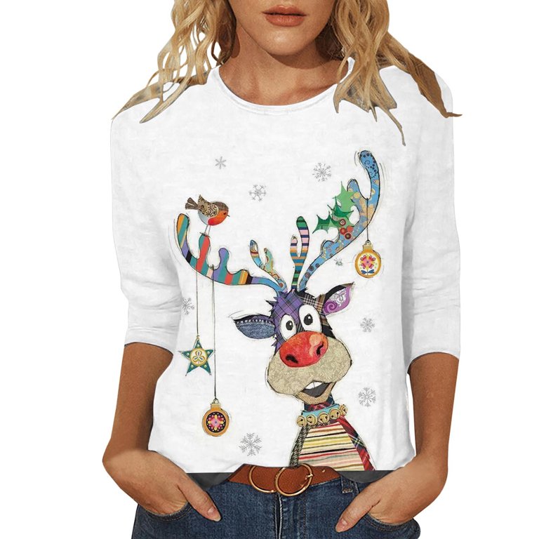 Christmas Shirts for Women Loose fit 3/4 Sleeve T Shirt Fashion Santa Claus  Graphic Cute Top Casual Blouse Tee Shirt