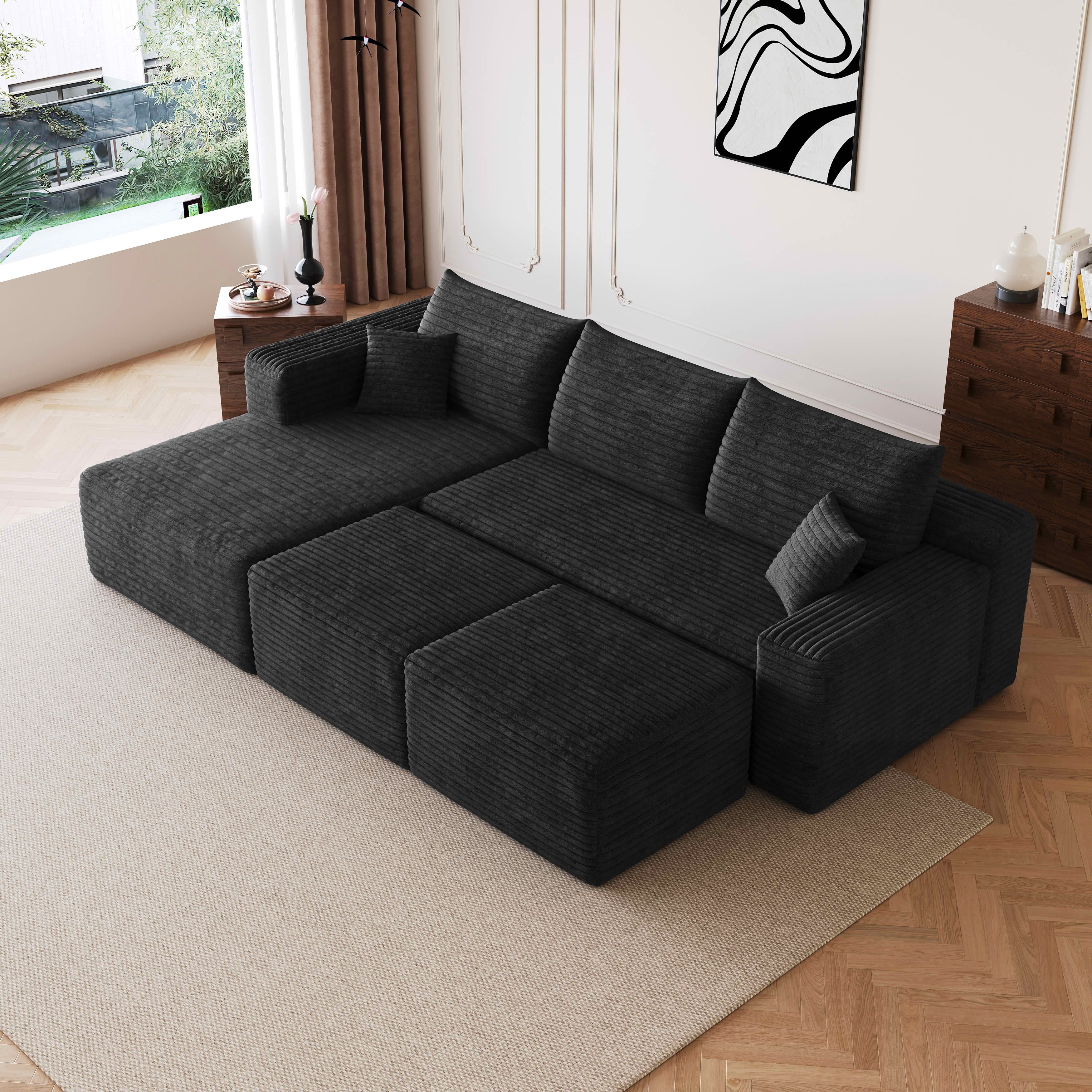 MAYEERTY 95" Cloud Sectional Sofa with 2 Ottomans, U-Shaped Corduroy Deep Seat Couch, No Assembly for Living Room, Black