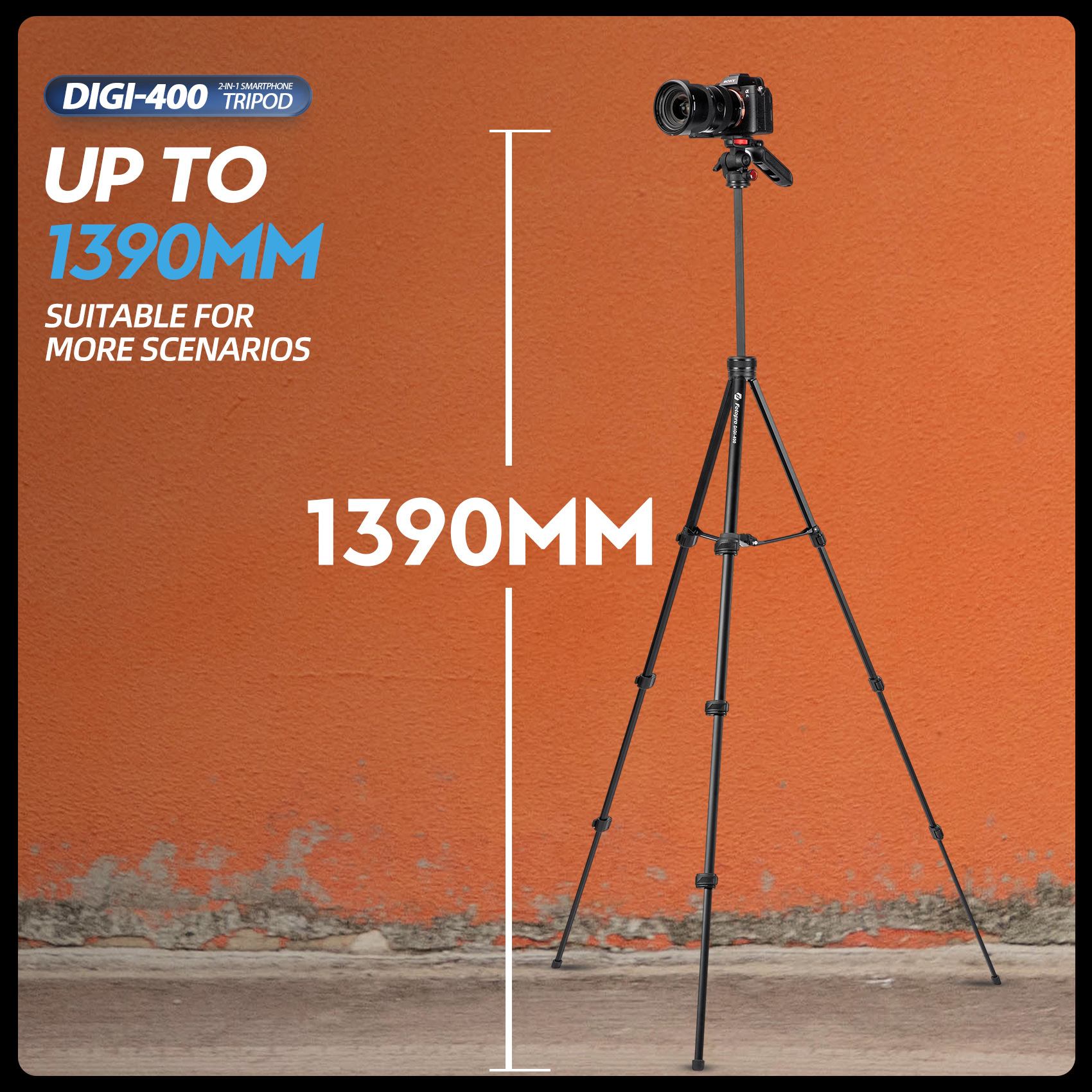 Fotopro 55"Camera Tripod, 2-in-1 Compact Phone Tripod with Fluid Video Head Hidden Cold Shoe Phone Clip, 1.5lbs Lightweight Aluminum Max Load 6.6lbs