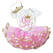 1st First 2nd Second Birthday Outfit Baby Girl Pink Gold Silver Princess Tutu Set and Crown (1st Bday Gold Crown, 24M Short)