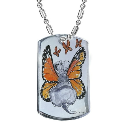 Puppy Id Tags - KuzmarK Silver Chrome Pendant Dog Tag Necklace - Blue Chinese Shar-Pei Puppy Monarch Butterfly Fairy Dog Art by Denise Every Chrome Dog Tag Necklace