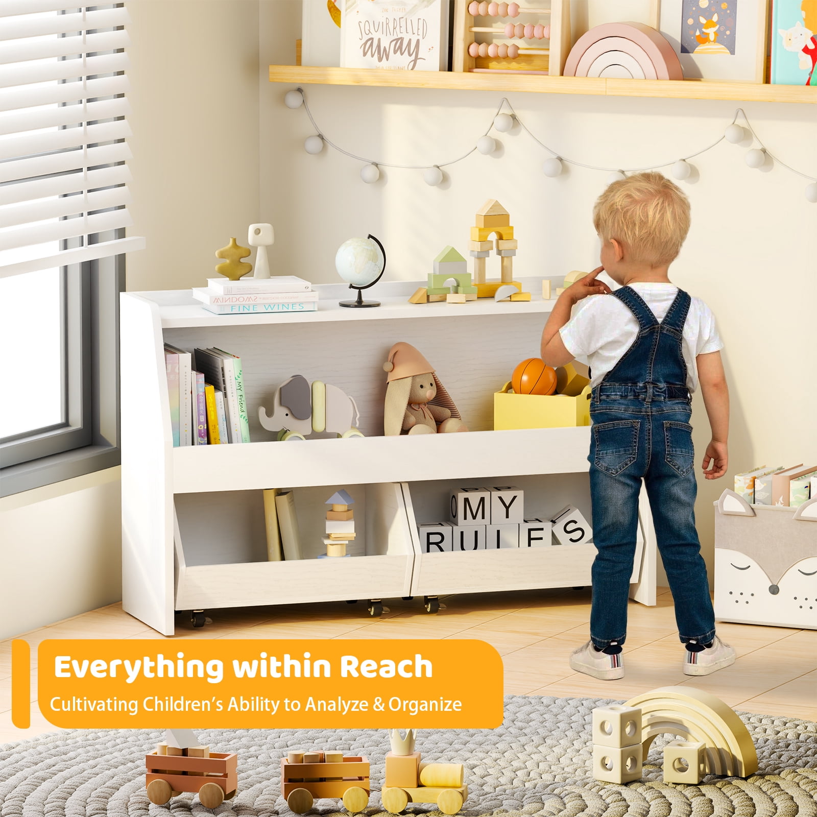 2-Tier Toy Storage, Portable Kids Toy Organizer 2 Removable Drawers Bins with 4 Wheels White