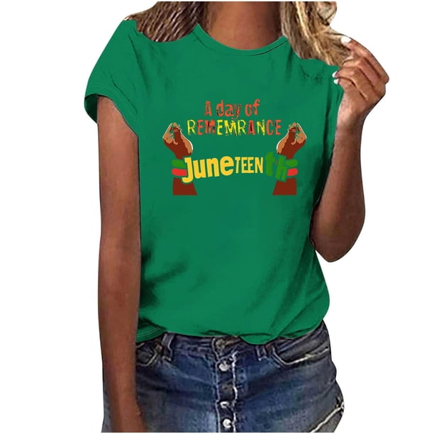 Tops de Manga Corta para las Mujeres de Ajuste Suelto, Día de la Independencia Negro Impreso, Cuello Redondo Suelto Superior