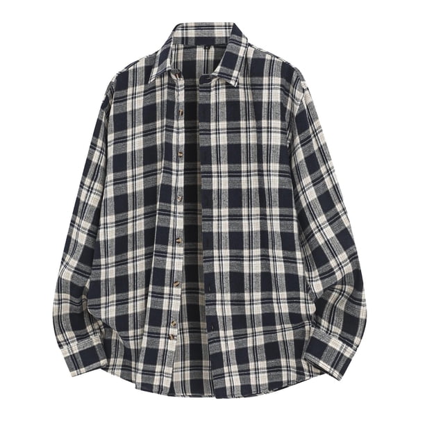 Camisas de los Hombres de Manga Larga Casual Vintage Comprobar Cuadrado Botón Abajo Collar de Solapa, Manga Larga Blusa Moda Superior