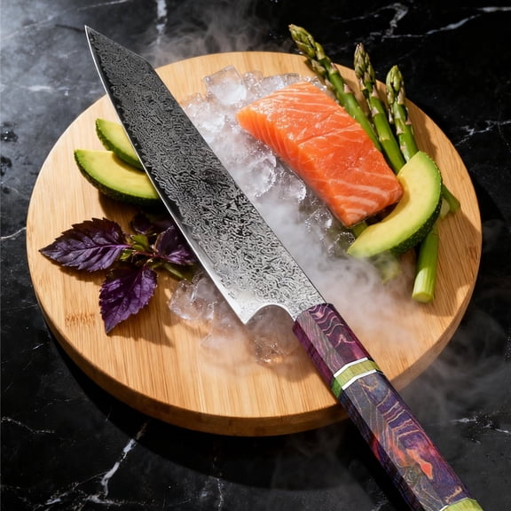 TVQUYET Damascus Steel Kiritsuke Knife 8" Professional Chef Knife Meat Slicing Cooking Knife Unique Wood Handle with Giftcase
