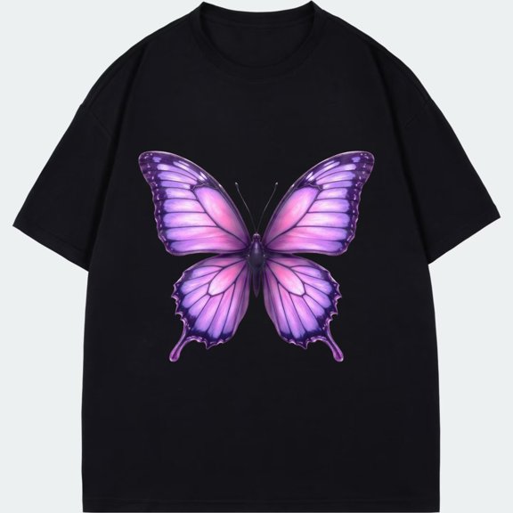Black Short Sleeve T Shirt With Purple Butterfly Print For Casual Wear