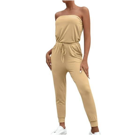 Women’s Summer Solid Tube Top Jumpsuit Strapless Bandeau Cold Shoulder Rompers Drawstring Elasitic Waist Long Playsuits